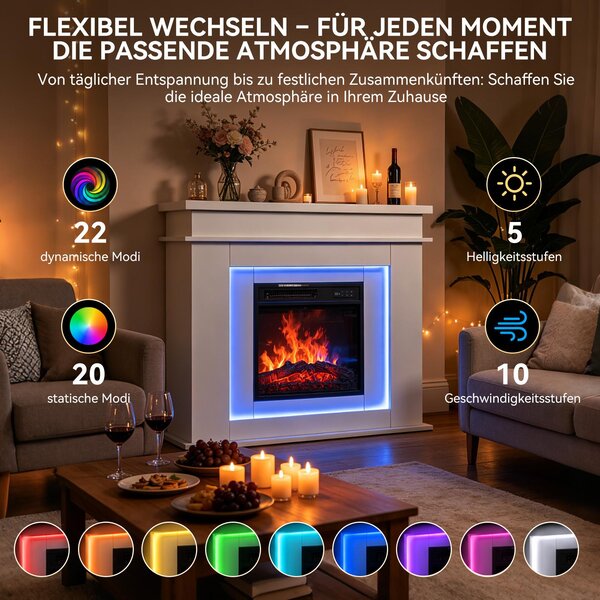 HOMAVO ambientní elektrický krb – elektrický krb s topením 900/1800 W, funkce časovače, ochrana proti přehřátí