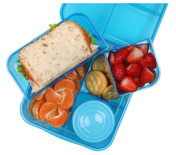 Sistema Dělený svačinový box Lunch Bento Cube s nádobou na jogurt a 2 tácky 1,25 l, modrá