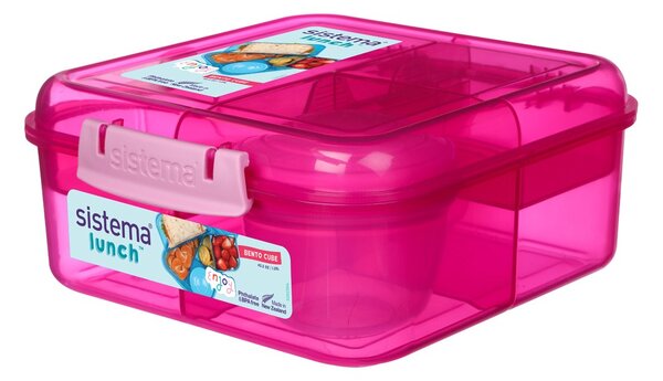 Sistema Dělený svačinový box Lunch Bento Cube s nádobou na jogurt a 2 tácky 1,25 l, růžová