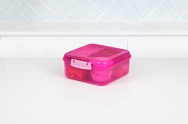 Sistema Dělený svačinový box Lunch Bento Cube s nádobou na jogurt a 2 tácky 1,25 l, růžová