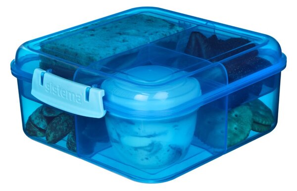 Sistema Dělený svačinový box Lunch Bento Cube s nádobou na jogurt a 2 tácky 1,25 l, modrá