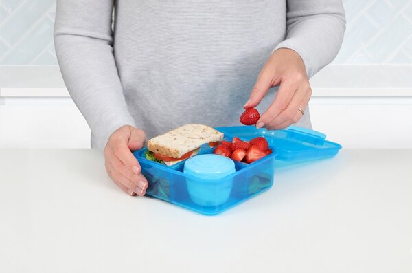 Sistema Dělený svačinový box Lunch Bento Cube s nádobou na jogurt a 2 tácky 1,25 l, modrá
