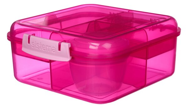 Sistema Dělený svačinový box Lunch Bento Cube s nádobou na jogurt a 2 tácky 1,25 l, růžová