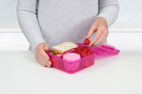 Sistema Dělený svačinový box Lunch Bento Cube s nádobou na jogurt a 2 tácky 1,25 l, růžová