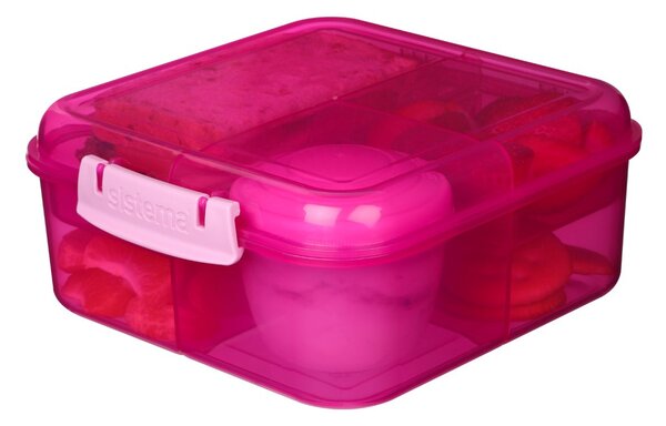 Sistema Dělený svačinový box Lunch Bento Cube s nádobou na jogurt a 2 tácky 1,25 l, růžová