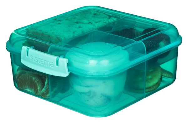 Sistema Dělený svačinový box Lunch Bento Cube s nádobou na jogurt a 2 tácky 1,25 l, mátová