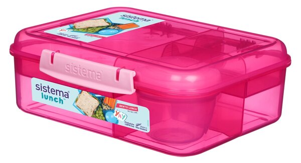 Sistema® Lunch™ Tříkomorová krabička s nádobou na jogurt a 2 tácky 1,65 l, růžová