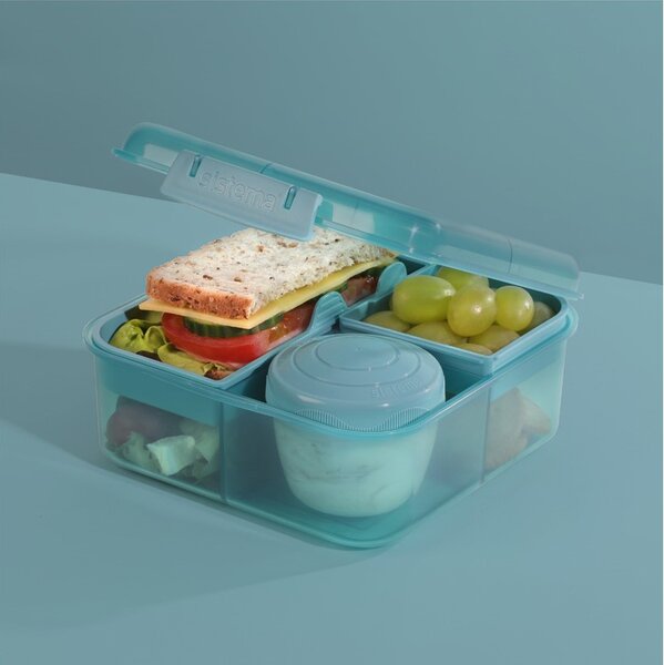 Sistema Dělený svačinový box Ocean Bound Bento Cube s nádobou na jogurt a 2 tácky 1,25 l, mátová