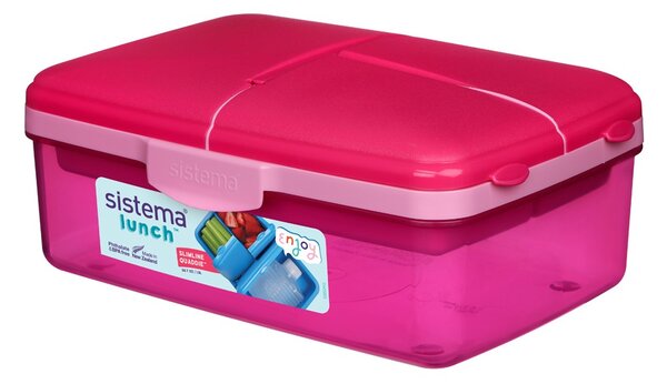 Sistema Dělený svačinový box Lunch Quaddie 1,5 l se 3 výklopnými přihrádkami ve víku a s lahví na pití, růžová
