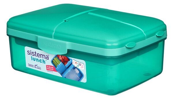 Sistema Dělený svačinový box Lunch Quaddie 1,5 l se 3 výklopnými přihrádkami ve víku a s lahví na pití, mátová