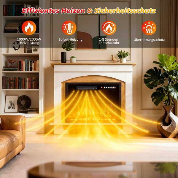 HOMAVO elektrický krb 23 palců s vytápěním – 1000/2000 W – volně stojící nebo vestavný – vícebarevné 3D plameny – dálkové ovládání a časovač – včetně