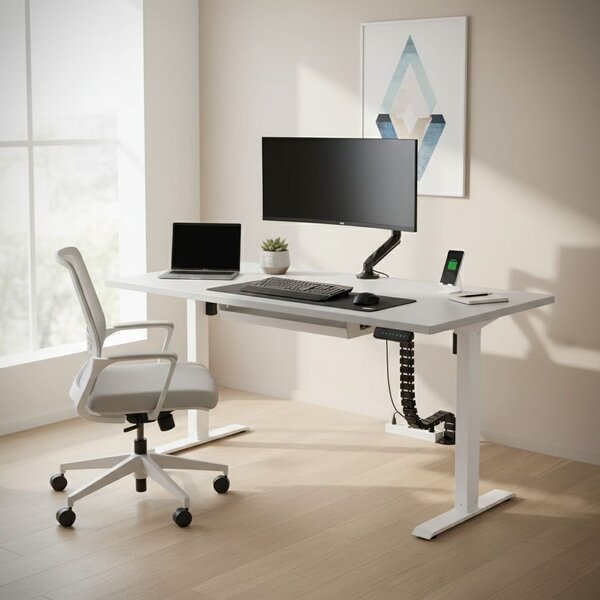 Výškově nastavitelný stůl OfficeTech B, 160 x 80 cm, bílá podnož, světle šedá