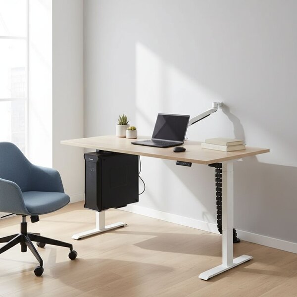 Výškově nastavitelný stůl OfficeTech A, 160 x 80 cm, bílá podnož, dub
