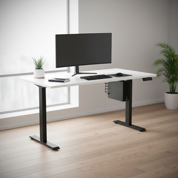 Výškově nastavitelný stůl OfficeTech B, 160 x 80 cm, černá podnož, bílá