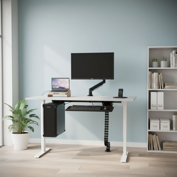 Výškově nastavitelný stůl OfficeTech A, 160 x 80 cm, bílá podnož, světle šedá