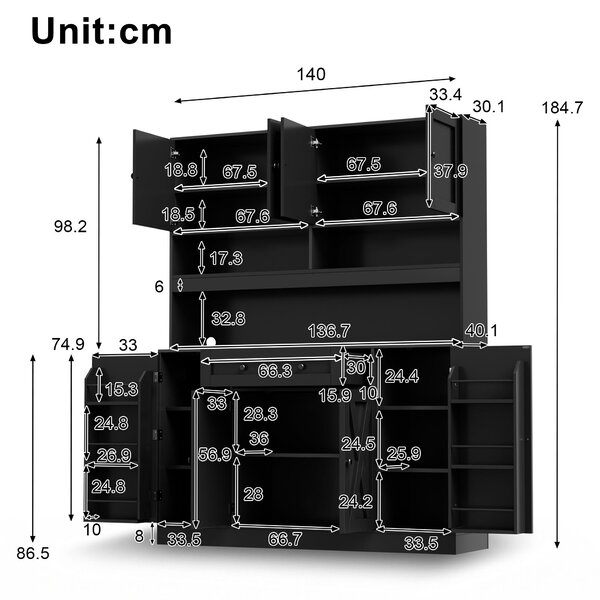 Kuchyňská skříň/buffet s pracovní deskou a elektrickým přípojením, rozměry 140 x 40 x 185 cm, velká kuchyňská skříň se zásuvkou