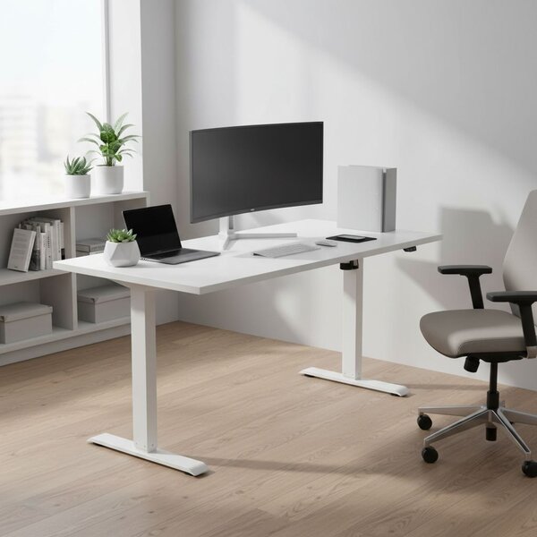 Výškově nastavitelný stůl OfficeTech A, 140 x 80 cm, bílá podnož, bílá