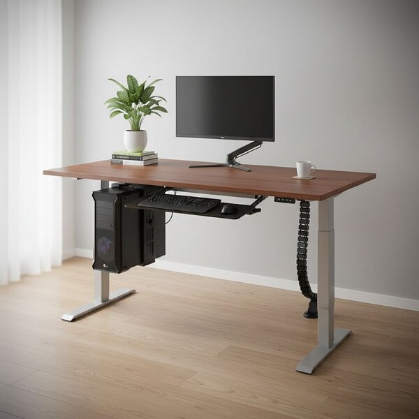 Výškově nastavitelný stůl OfficeTech A, 160 x 80 cm, šedá podnož, ořech