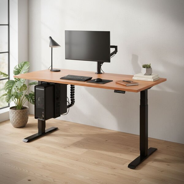 Výškově nastavitelný stůl OfficeTech A, 160 x 80 cm, černá podnož, třešeň