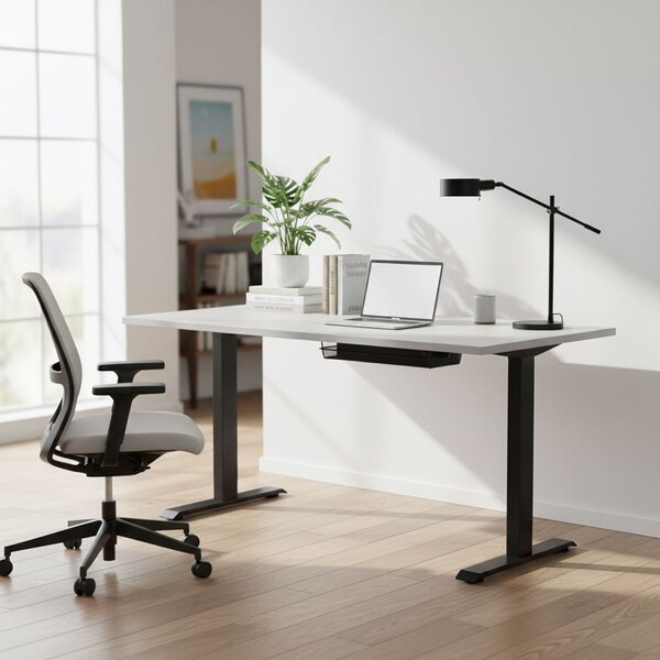 Výškově nastavitelný stůl OfficeTech A, 160 x 80 cm, černá podnož, světle šedá