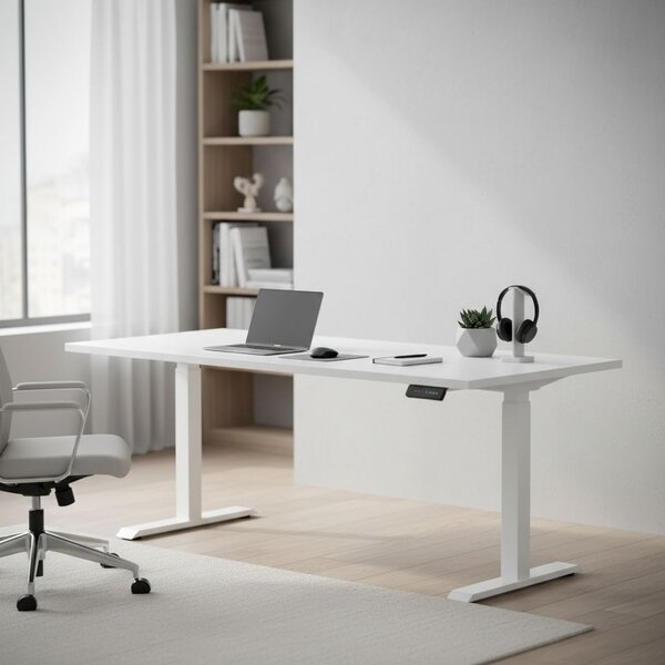 Výškově nastavitelný stůl OfficeTech D, 180 x 80 cm, bílá podnož, bílá