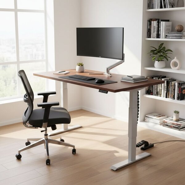 Výškově nastavitelný stůl OfficeTech D, 200 x 80 cm, šedá podnož, ořech