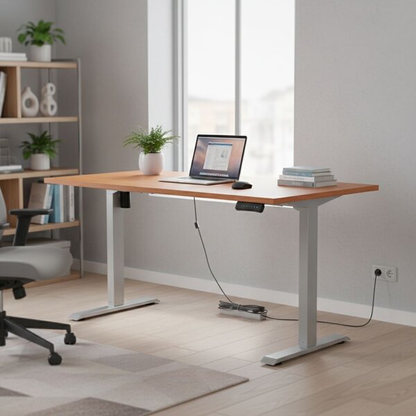 Výškově nastavitelný stůl OfficeTech B, 160 x 80 cm, šedá podnož, třešeň