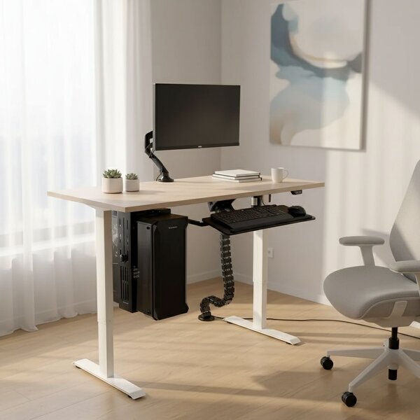 Výškově nastavitelný stůl OfficeTech A, 120 x 80 cm, bílá podnož, dub
