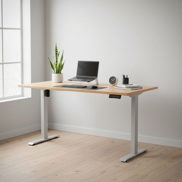 Výškově nastavitelný stůl OfficeTech B, 160 x 80 cm, šedá podnož, buk