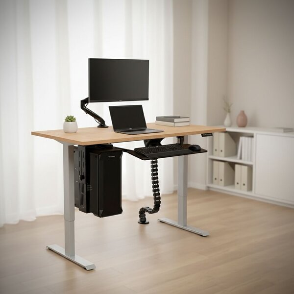 Výškově nastavitelný stůl OfficeTech A, 120 x 80 cm, šedá podnož, buk