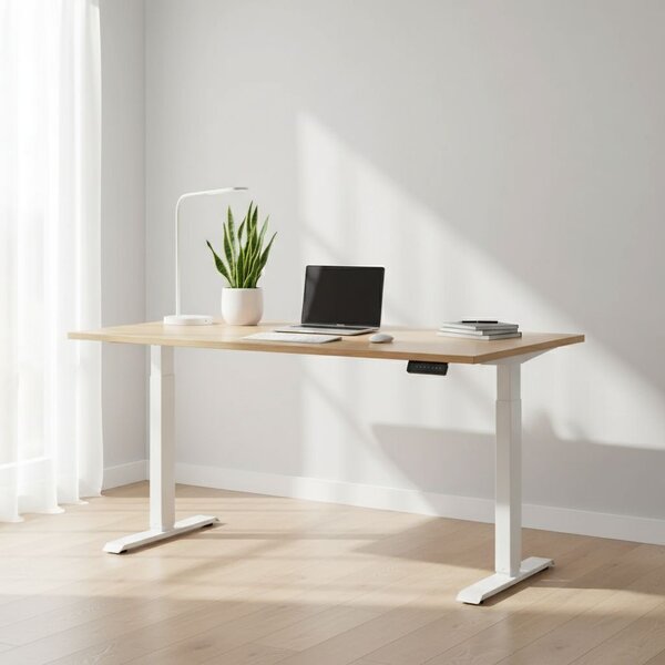 Výškově nastavitelný stůl OfficeTech B, 160 x 80 cm, bílá podnož, dub kraft