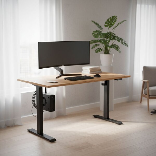 Výškově nastavitelný stůl OfficeTech A, 140 x 80 cm, černá podnož, dub kraft