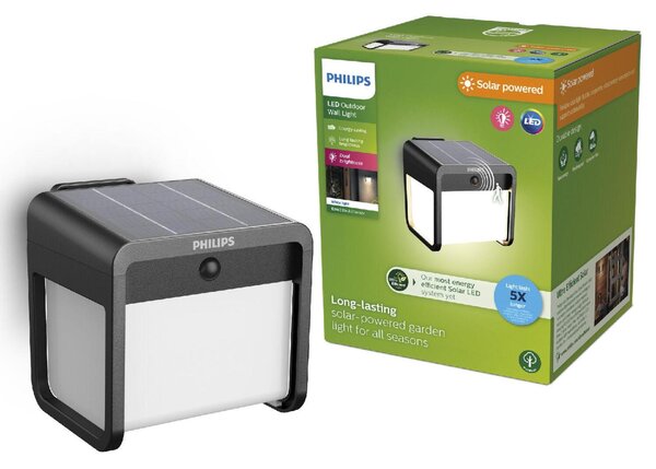 Philips Ezra UltraEfficient solární LED svítidlo se senzorem 1,8W 250/25lm 3000K IP44, hranaté, černé