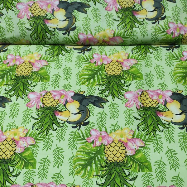 Bavlněná látka, metráž. Papoušek a ananas na Zeleném