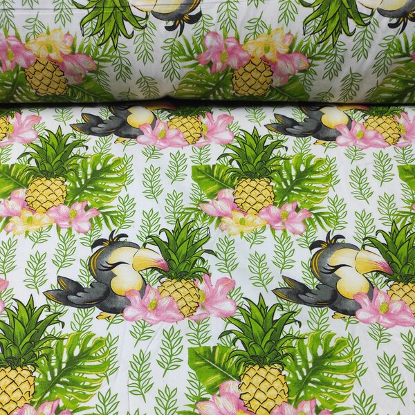 Bavlněná látka, metráž. Papoušek a ananas na Bílém