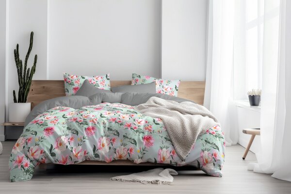 Ervi Bavlněné povlečení oboustranné - Magnolia a lilia/šedé