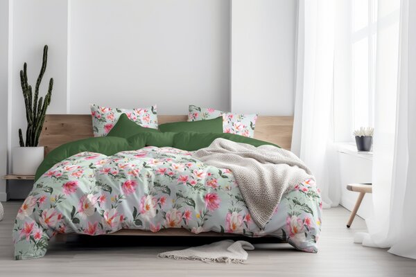 Ervi Bavlněné povlečení oboustranné - Magnolia a lilia/olivové
