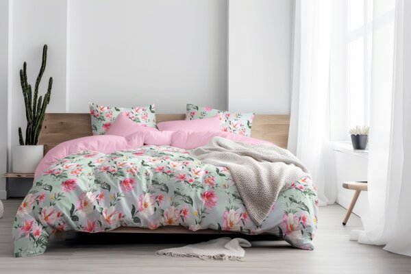 Ervi Bavlněné povlečení oboustranné - Magnolia a lilia/růžové