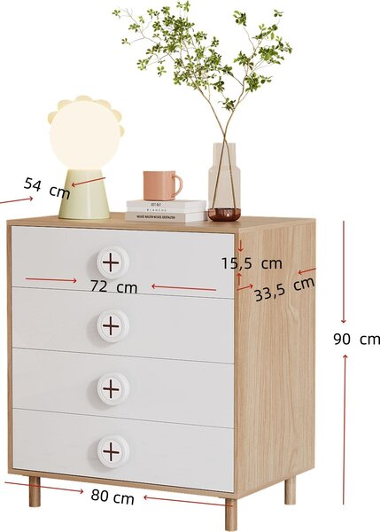 Komoda se 4 zásuvkami, rozměry 80 x 54 x 90 cm, barva: bílá a dřevěná, materiál: MDF a dřevotříska
