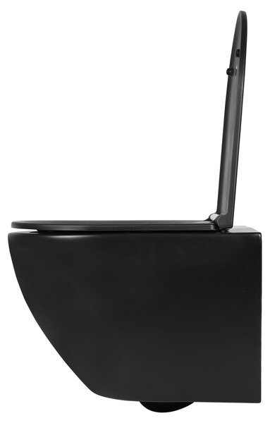 Differnz, závěsné WC, bez oplachového kruhu - Keramické závěsné WC. Součástí je toaletní sedátko. Bez oplachového kruhu. Technologie splachování Tornado-Flush. Zpomalovací mechanismus Softclose. Rozměry: 49 x 36 x 37 cm. Barva: černá