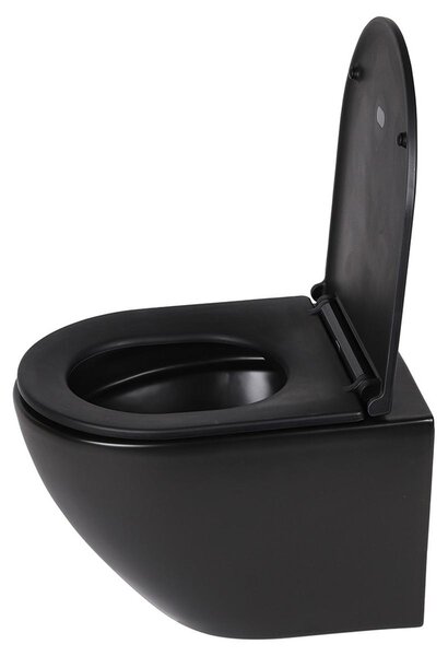 Differnz, závěsné WC, bez oplachového kruhu - Keramické závěsné WC. Součástí je toaletní sedátko. Bez oplachového kruhu. Technologie splachování Tornado-Flush. Zpomalovací mechanismus Softclose. Rozměry: 49 x 36 x 37 cm. Barva: černá