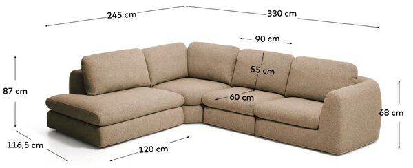 Kave Home Hnědá čalouněná rohová pohovka Vera 330 cm, levá