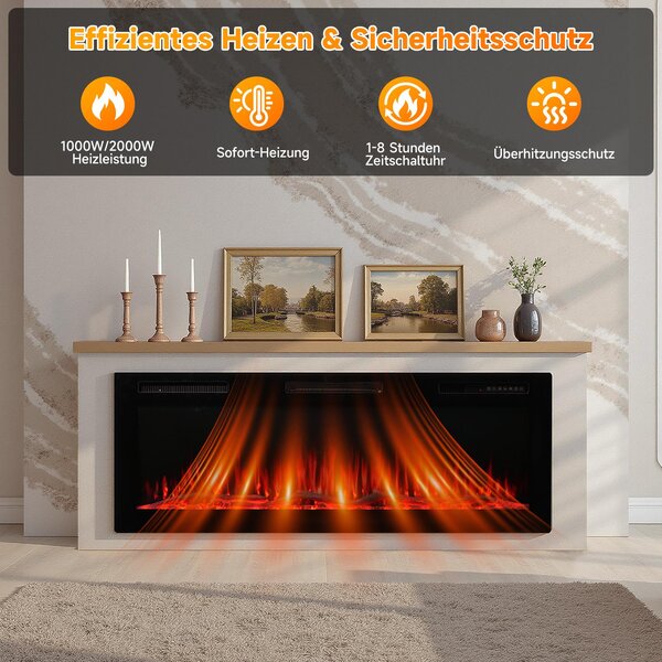 HOMAVO elektrický krb 50 palců s vytápěním – 1000/2000 W – volně stojící nebo vestavný – vícebarevné 3D plameny – Dálkový Ovladač & Ovládání App