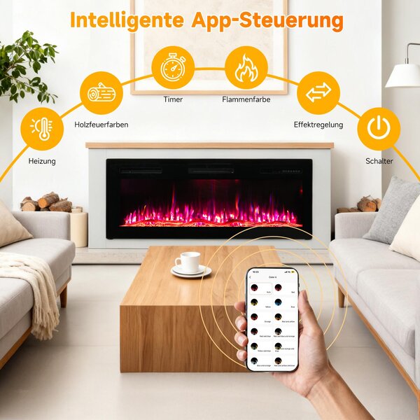 HOMAVO elektrický krb 50 palců s vytápěním – 1000/2000 W – volně stojící nebo vestavný – vícebarevné 3D plameny – Dálkový Ovladač & Ovládání App