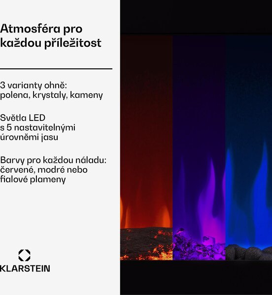 Klarstein Inteligentní elektrický krb Galeras, 2 nastavení teploty, 16 - 30°| Iluze plamene LED, Možnost připojení k IOT
