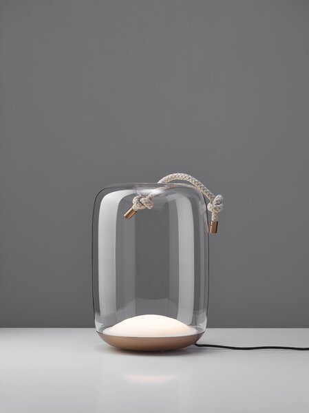 Brokis Designové stolní / stojací svítidlo Knot Cilindro table PC1078 Barva skla: Šedá kouřová - transparentní sklo, Povrchová úprava baldachýnu: Mosaz, Reflektor: Mosaz
