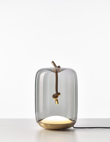 Brokis Designové stolní / stojací svítidlo Knot Cilindro table PC1078 Barva skla: Šedá kouřová - transparentní sklo, Povrchová úprava baldachýnu: Mosaz, Reflektor: Mosaz