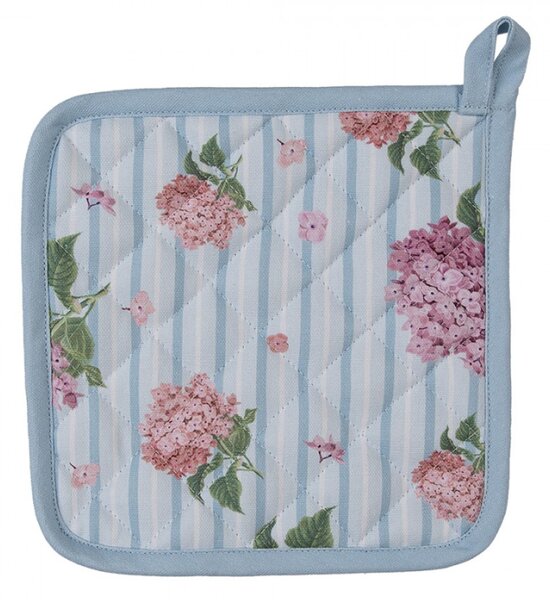 Bavlněná chňapka / podložka pod hrnec pruhovaná se vzorem růžové hortenzie Vintage Grace – 20x20 cm