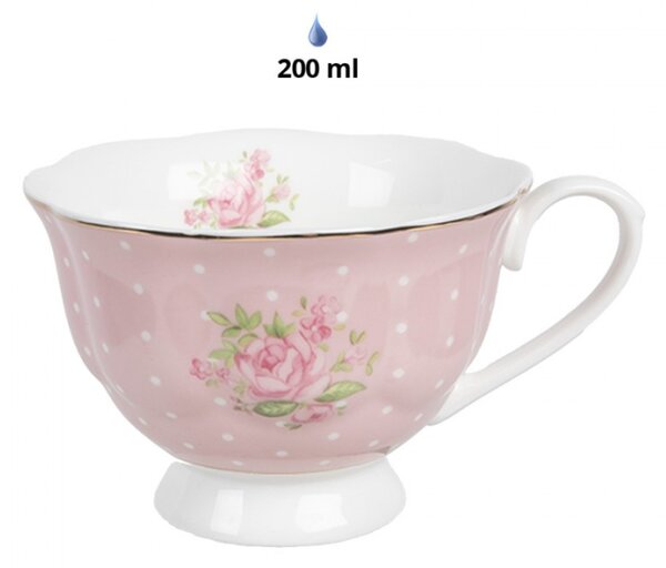 Růžový puntíkatý porcelánový šálek s podšálkem se vzorem růžiček Sweet Roses – 200 ml