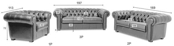Celokožená sedací souprava Chesterfield 3+2+1, šedá (Rimini )